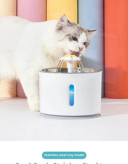 Chat blanc buvant à une fontaine à eau automatique avec plateau en acier inoxydable de qualité alimentaire, buse marguerite et fenêtre de contrôle du niveau d'eau lumineuse.