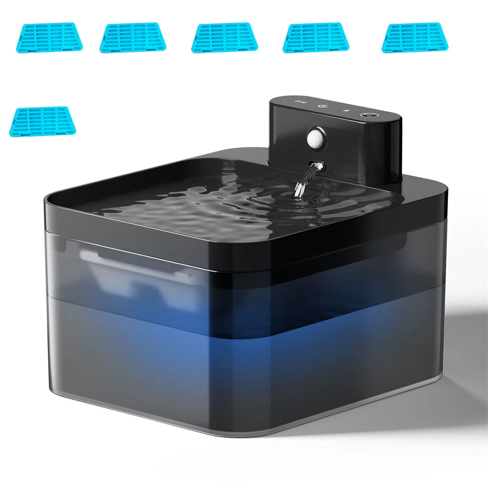 Pack fontaine pour chat avec 6 filtres de rechange inclus. Fontaine eau chat noire avec système de filtration haute performance et pompe silencieuse. Kit complet fontaine chat Les Trésors d'Owka pour une eau pure et saine au quotidien.