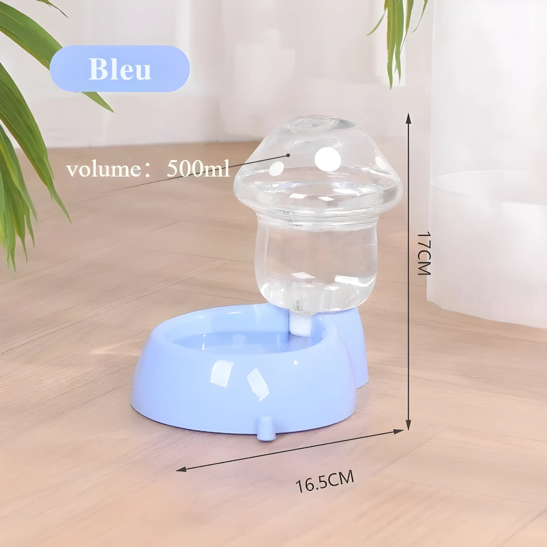 Fontaine à eau pour chat bleue en forme de champignon, capacité de 500ml, dimensions 17cm de hauteur par 16,5cm de largeur, avec réservoir transparent et socle stable.