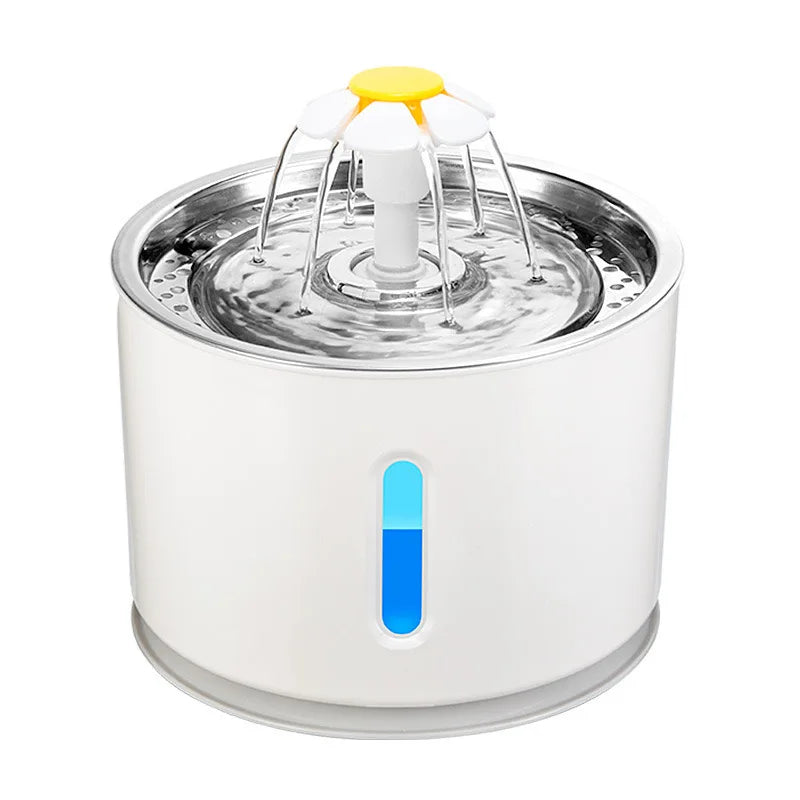 Fontaine à eau pour chat avec plateau supérieur en acier inoxydable, buse marguerite jaune diffusant des jets d'eau filtrée et fenêtre de niveau d'eau rétroéclairée bleue.