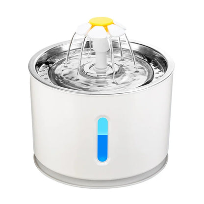 Fontaine à eau pour chat automatique avec plateau supérieur en acier inoxydable hygiénique, buse marguerite diffusant 6 jets d'eau filtrée et fenêtre de niveau d'eau lumineuse.