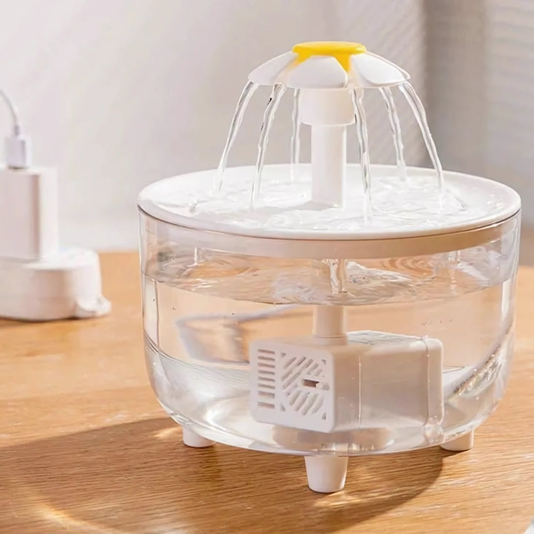 Fontaine à eau pour chat entièrement transparente avec buse marguerite, montrant la pompe immergée et le niveau d'eau cristalline, posée sur une table en bois ensoleillée.