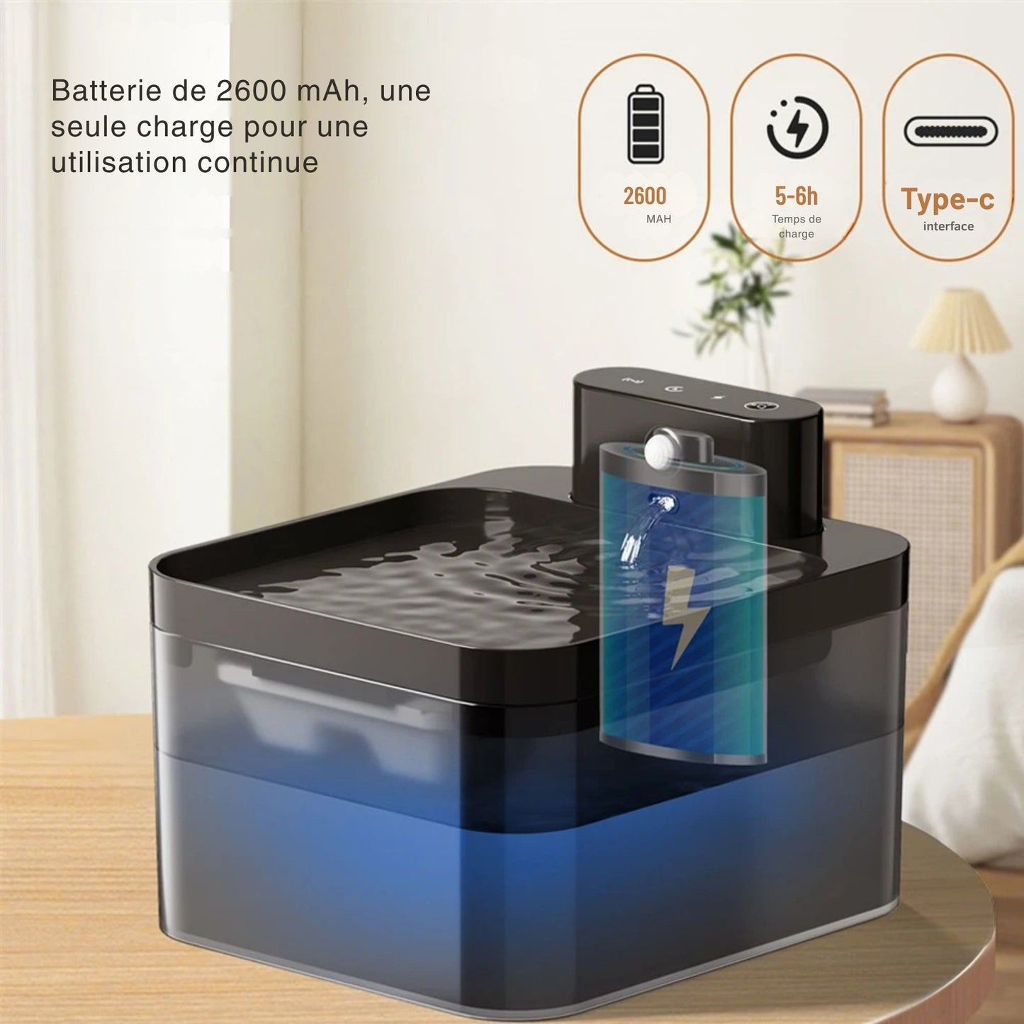 Fontaine pour chat sans fil avec batterie rechargeable de 2600 mAh et port USB Type-C. Infographie montrant l'autonomie et le temps de charge de la fontaine eau chat Les Trésors d'Owka. Fontaine chat design noire idéale pour une utilisation continue sans câble apparent.