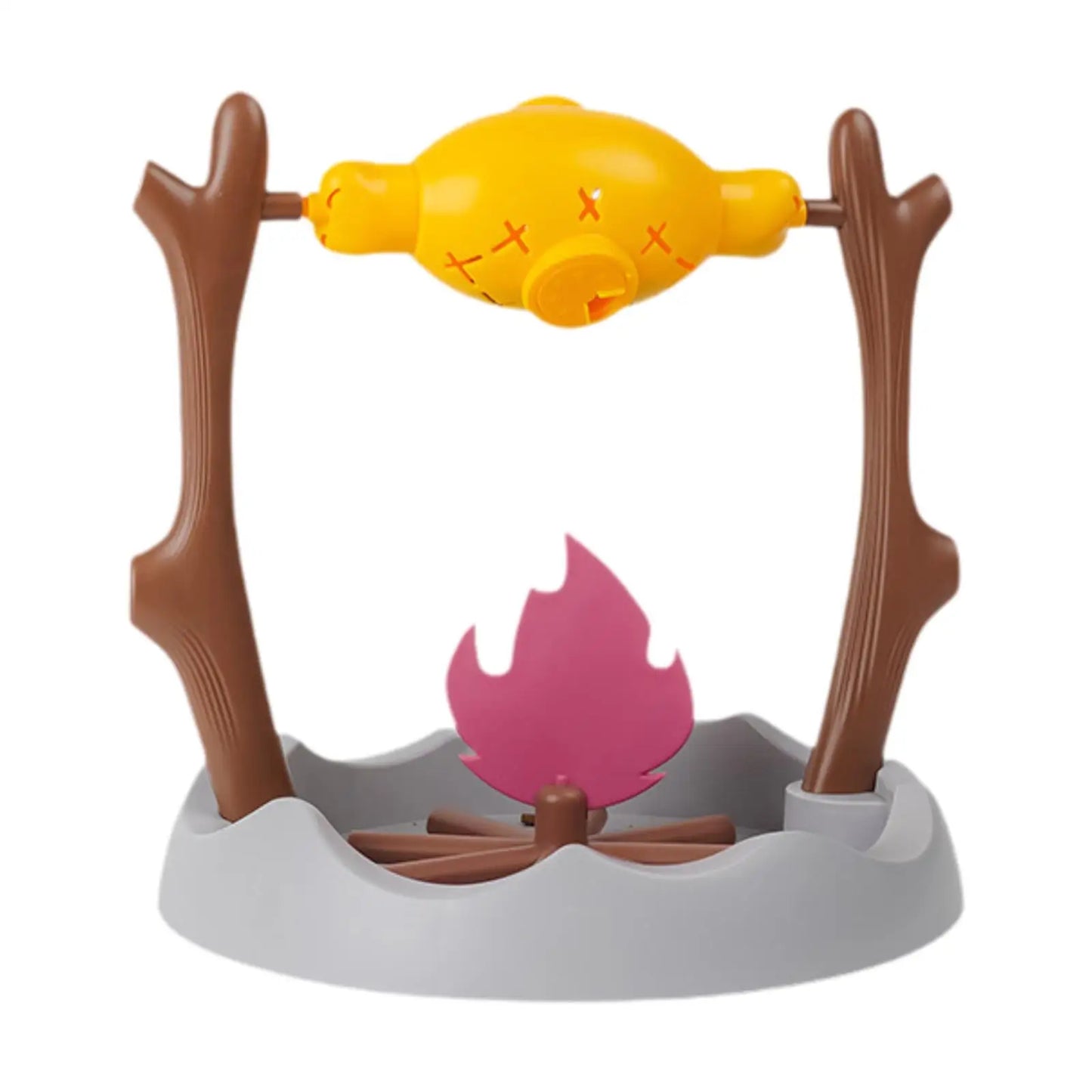 Vue packshot de la gamelle anti glouton chat interactive en forme de feu de camp. Le produit dispose d'un réservoir rotatif jaune pour croquettes suspendu au-dessus d'une base grise stable. Cette gamelle glouton ludique stimule l'intelligence et ralentit l'alimentation pour une meilleure digestion du chat, disponible chez Les Trésors d'Owka.