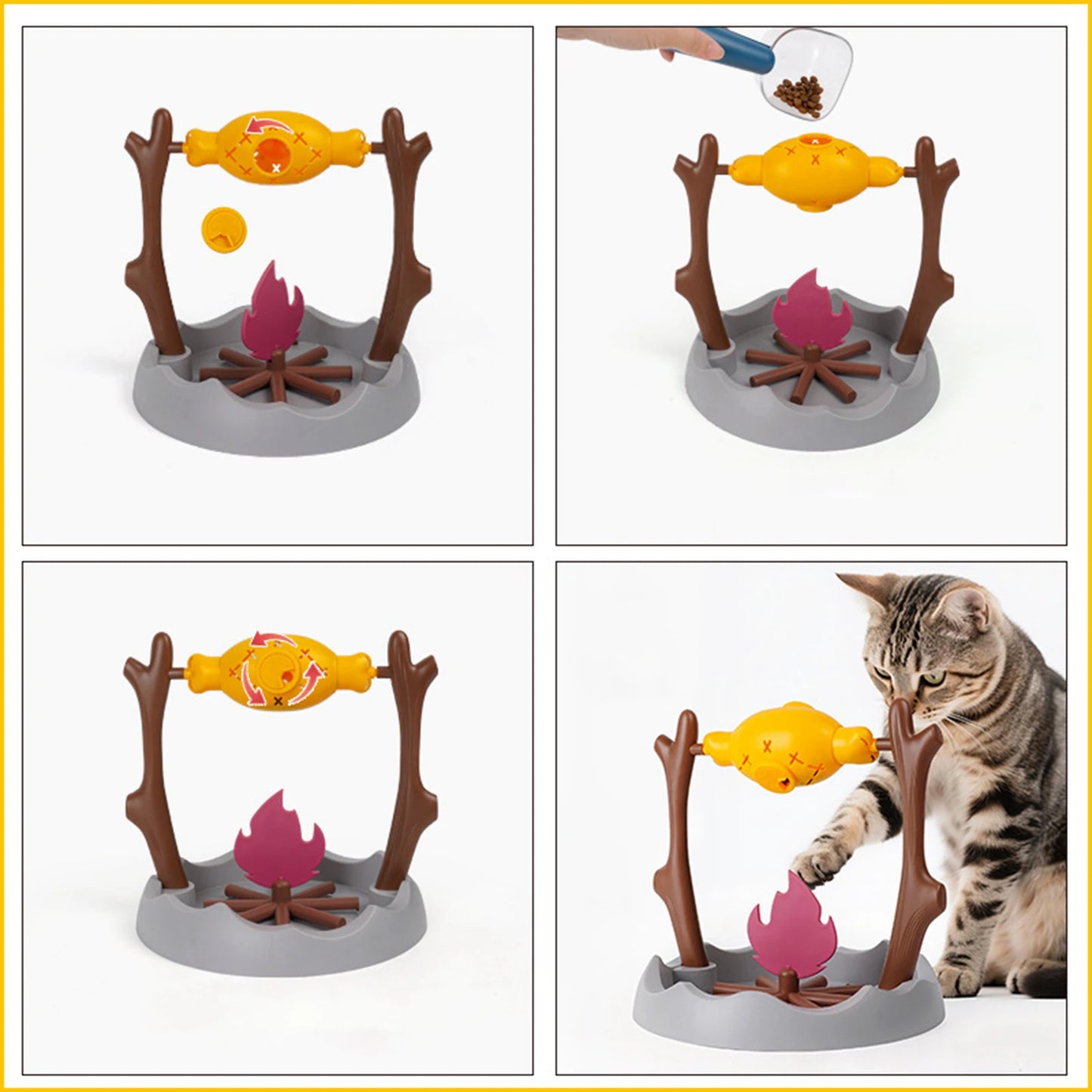 Guide d'utilisation du jeux anti glouton chat poisson pivotant. Ce distributeur de croquettes interactif remplace une gamelle anti glouton classique. Les images montrent le remplissage, le mécanisme de rotation et un chat jouant avec ce jeux anti glouton chat pour manger lentement.