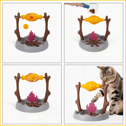 Guide d'utilisation du jeux anti glouton chat poisson pivotant. Ce distributeur de croquettes interactif remplace une gamelle anti glouton classique. Les images montrent le remplissage, le mécanisme de rotation et un chat jouant avec ce jeux anti glouton chat pour manger lentement.