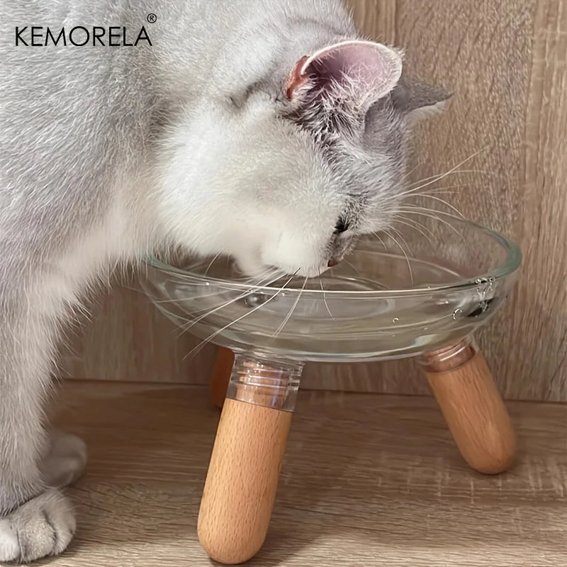 Gamelle surélevée Kemorela pour chat en verre transparent avec support trépied en bois massif, montrant un chat gris en train de boire confortablement pour illustrer l'ergonomie du produit.