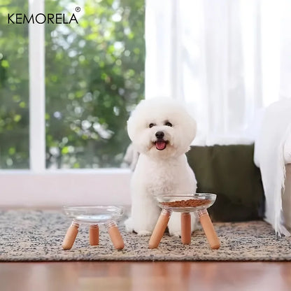 Gamelle surélevée Kemorela pour petit chien en verre transparent avec pieds en bois clair, montrant un Bichon Frisé devant deux modèles de hauteurs différentes pour illustrer l'ergonomie.