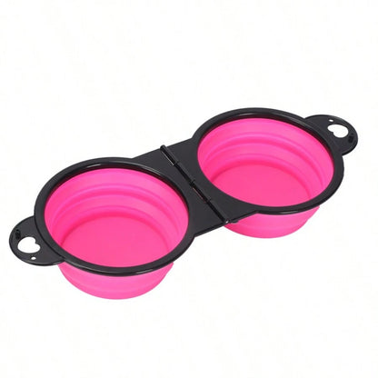 Gamelle pliable double rose et noire en silicone alimentaire pour chat et chien. Accessoire Les Trésors d'Owka : gamelle pliable pour chat portable et compacte pour le voyage. Gamelle voyage 2-en-1 idéale pour l'eau et les croquettes en extérieur.