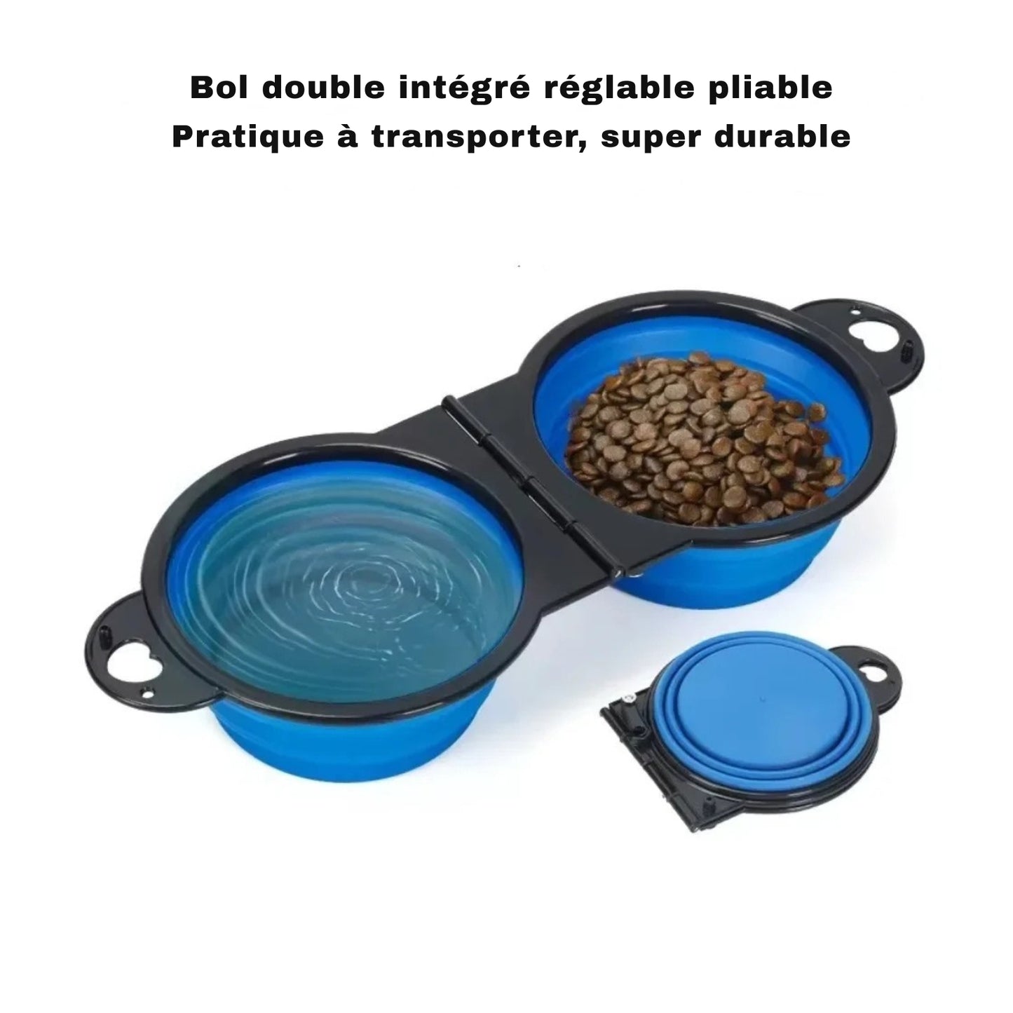 Gamelle pliable double bleue Les Trésors d'Owka avec eau et croquettes. Vue déployée et repliée de cette gamelle pliable pour chat et chien ultra-pratique. Gamelle voyage 2-en-1 compacte et durable pour le transport en extérieur.
