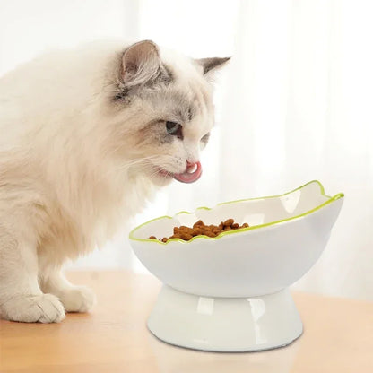 Chat à poil long mangeant dans une gamelle pour chat surélevée en céramique blanche au design tête de chat. Cette gamelle chat orthopédique haut de gamme avec liseré vert assure une posture naturelle et un confort digestif optimal. Une gamelle en céramique stable et élégante pour la santé de votre animal.