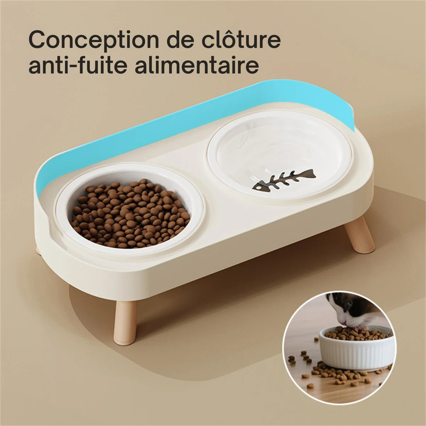 Infographie d'une gamelle pour chat double surélevée avec conception anti-fuite alimentaire pour garder le sol propre. Cette gamelle chat ergonomique en céramique et bois dispose d'un rebord de protection arrière pour éviter les projections de nourriture. Un ensemble de gamelle duo idéal pour un coin repas hygiénique et ordonné.