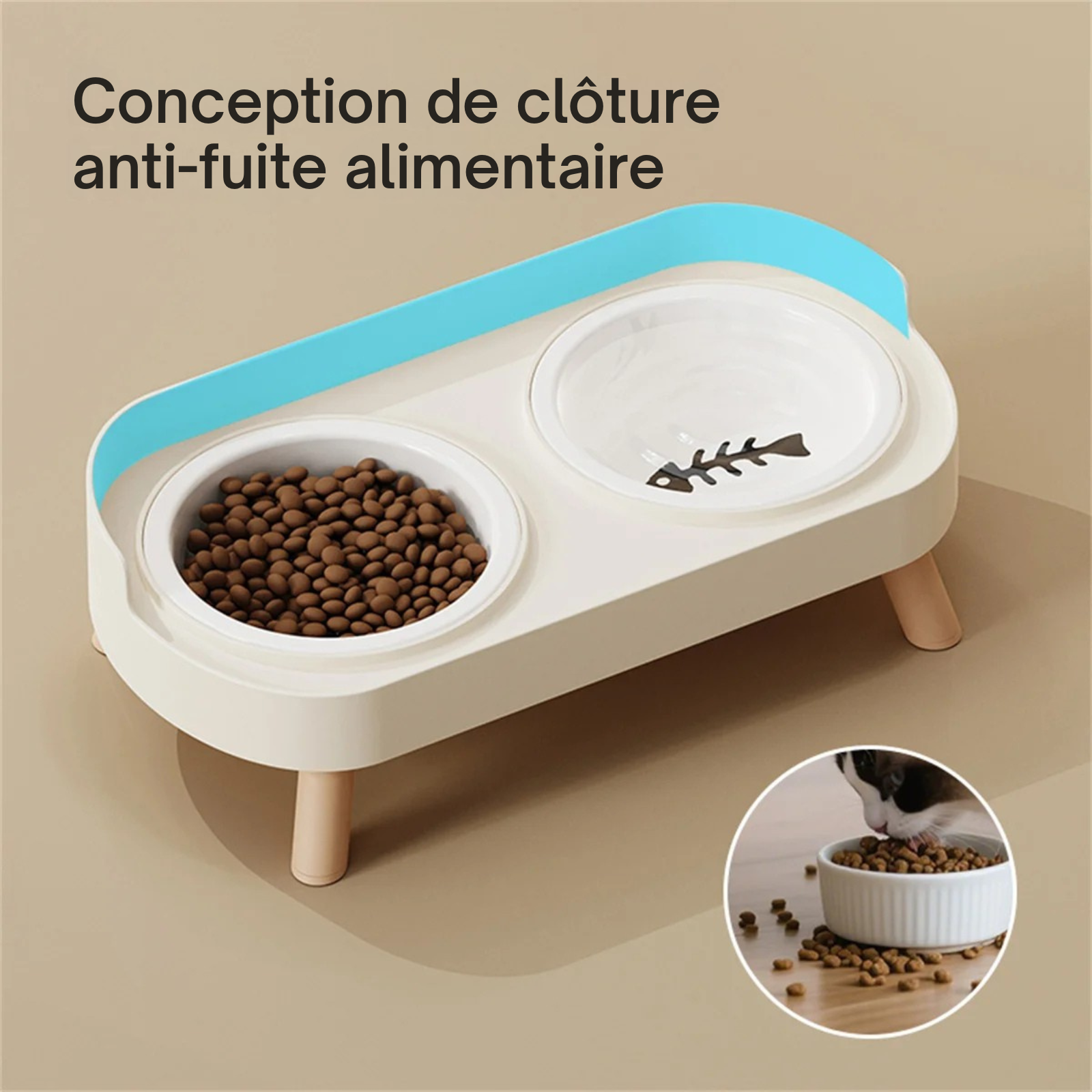 Infographie d'une gamelle pour chat double surélevée avec conception anti-fuite alimentaire pour garder le sol propre. Cette gamelle chat ergonomique en céramique et bois dispose d'un rebord de protection arrière pour éviter les projections de nourriture. Un ensemble de gamelle duo idéal pour un coin repas hygiénique et ordonné.