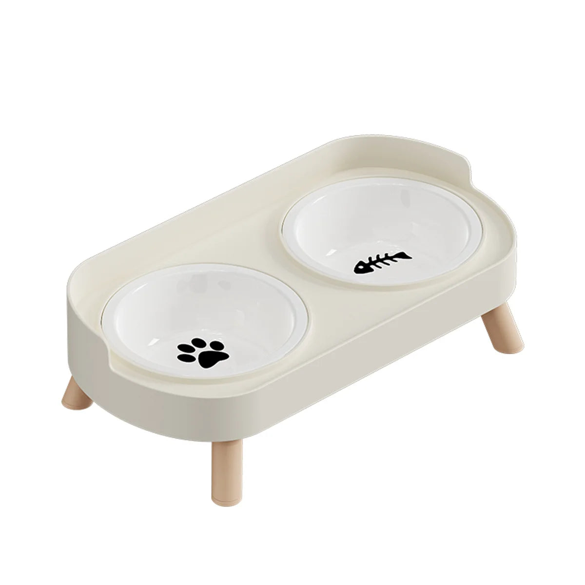 Gamelle pour chat double surélevée au design scandinave blanc cassé avec bols amovibles en céramique blanche et pieds en bois clair. Cette gamelle chat orthopédique décorée d'une patte et d'une arête de poisson assure un confort cervical optimal et une hygiène parfaite. Une gamelle duo robuste et élégante aux finitions premium pour votre animal.