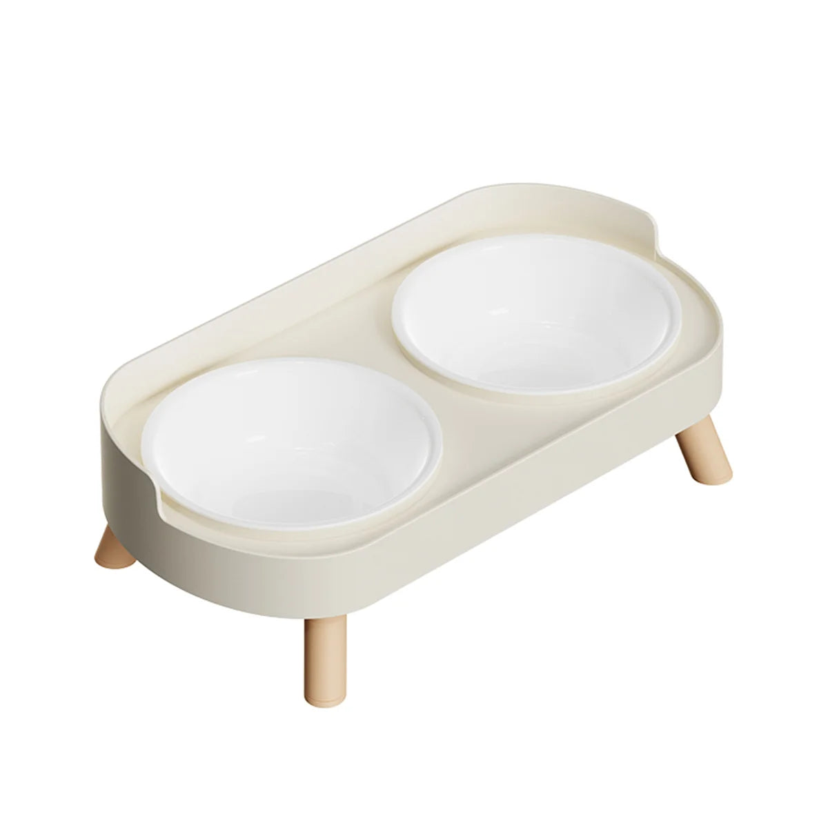 Gamelle pour chat double surélevée au design scandinave blanc crème avec deux bols amovibles en céramique blanche et pieds en bois clair. Cette gamelle chat orthopédique de luxe assure un confort cervical optimal et une hygiène parfaite grâce à ses matériaux nobles et durables. Une gamelle duo robuste et élégante pour un coin repas zen et épuré.