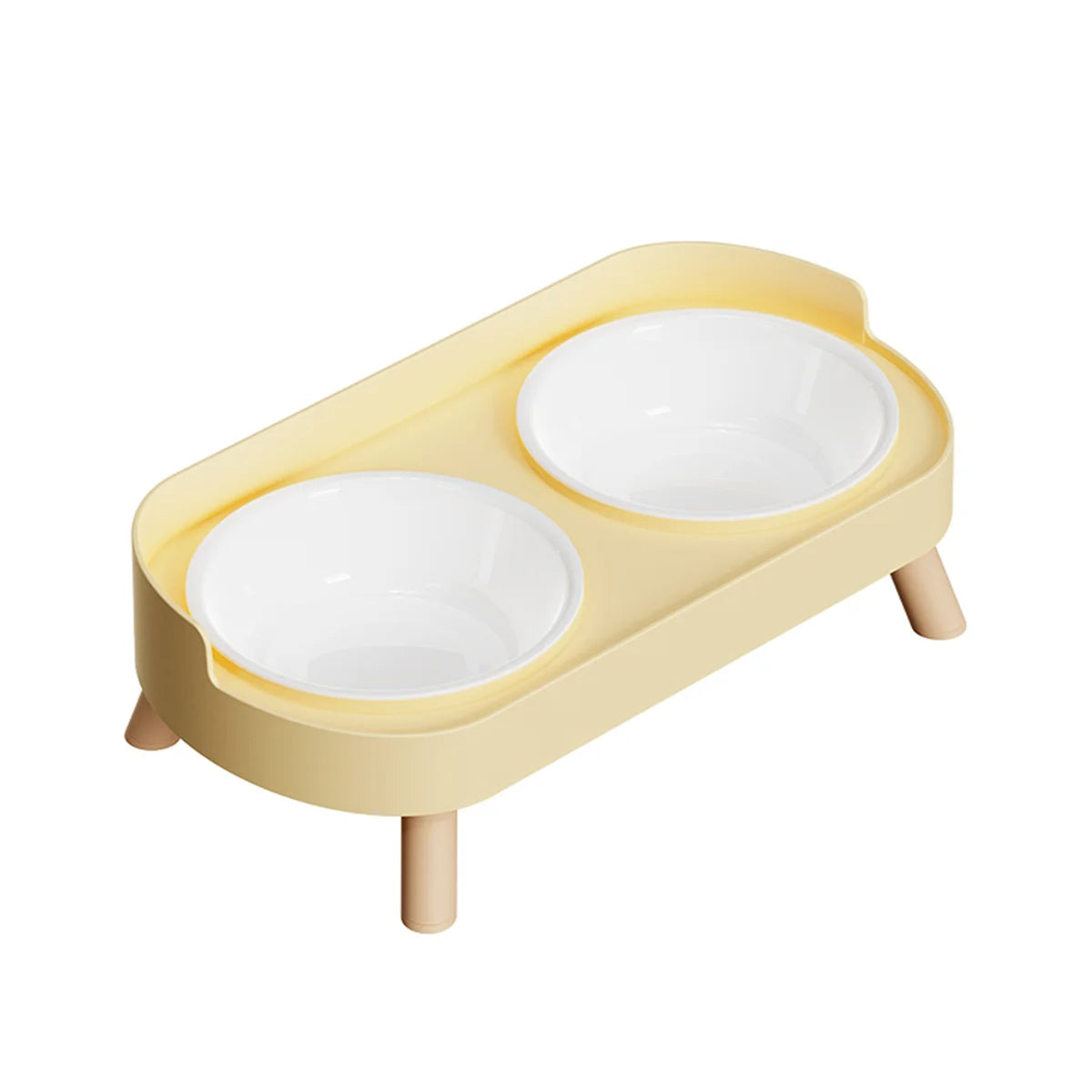 Gamelle pour chat double plastique surélevée au design scandinave jaune pastel avec bols amovibles en céramique blanche et pieds en bois clair. Cette gamelle chat orthopédique assure un confort cervical optimal et une hygiène parfaite pour votre animal. Une gamelle duo robuste et élégante pour un intérieur moderne.