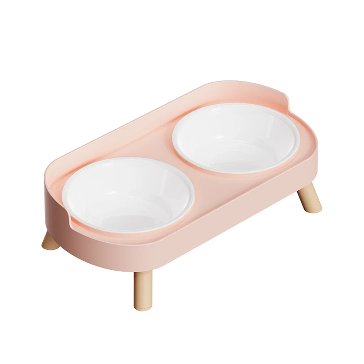 Gamelle pour chat double surélevée au design scandinave rose poudré avec deux bols amovibles en céramique blanche et pieds en bois clair. Cette gamelle chat orthopédique de luxe assure un confort cervical optimal et une hygiène parfaite grâce à ses matériaux nobles et durables. Une gamelle duo robuste et élégante pour un coin repas zen et épuré.