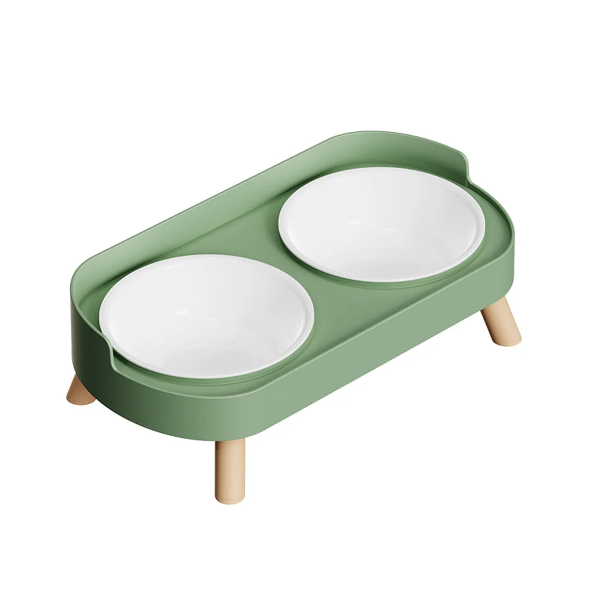 Gamelle pour chat double surélevée au design scandinave vert sauge avec deux bols amovibles en céramique blanche et pieds en bois clair. Cette gamelle chat orthopédique de luxe assure un confort cervical optimal et une hygiène parfaite grâce à ses matériaux nobles et durables. Une gamelle duo robuste et élégante aux finitions premium pour votre intérieur.