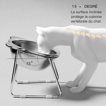 Vue éclatée d'une gamelle pour chat amovible comprenant un bol en acier inoxydable poli et un support ergonomique rose poudré avec design oreilles de chat. Cette gamelle chat hybride inox et polymère assure une hygiène parfaite, prévient l'acné du menton et facilite l'entretien quotidien. Une gamelle robuste et élégante pour un repas sain.
