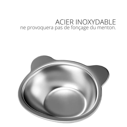Bol de gamelle pour chat en acier inoxydable haut de gamme prévenant l'acné féline (fonçage du menton). Cette gamelle chat en inox avec design oreilles de chat offre une surface antibactérienne et durable pour une hygiène parfaite. Une gamelle recommandée par les experts pour la santé dermatologique de votre animal.