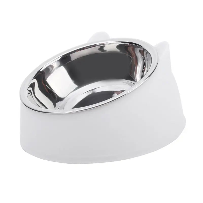 Gamelle pour chat inclinée 15° en acier inoxydable avec support ergonomique blanc design oreilles de chat. Cette gamelle chat orthopédique blanche haut de gamme assure un confort digestif optimal et une hygiène parfaite grâce à son bol en inox amovible. La meilleure gamelle anti-vomi élégante pour le bien-être de votre animal.