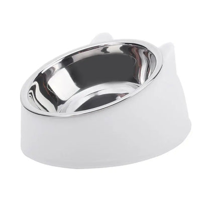 Gamelle pour chat inclinée 15° en acier inoxydable avec support ergonomique blanc design oreilles de chat. Cette gamelle chat orthopédique blanche haut de gamme assure un confort digestif optimal et une hygiène parfaite grâce à son bol en inox amovible. La meilleure gamelle anti-vomi élégante pour le bien-être de votre animal.