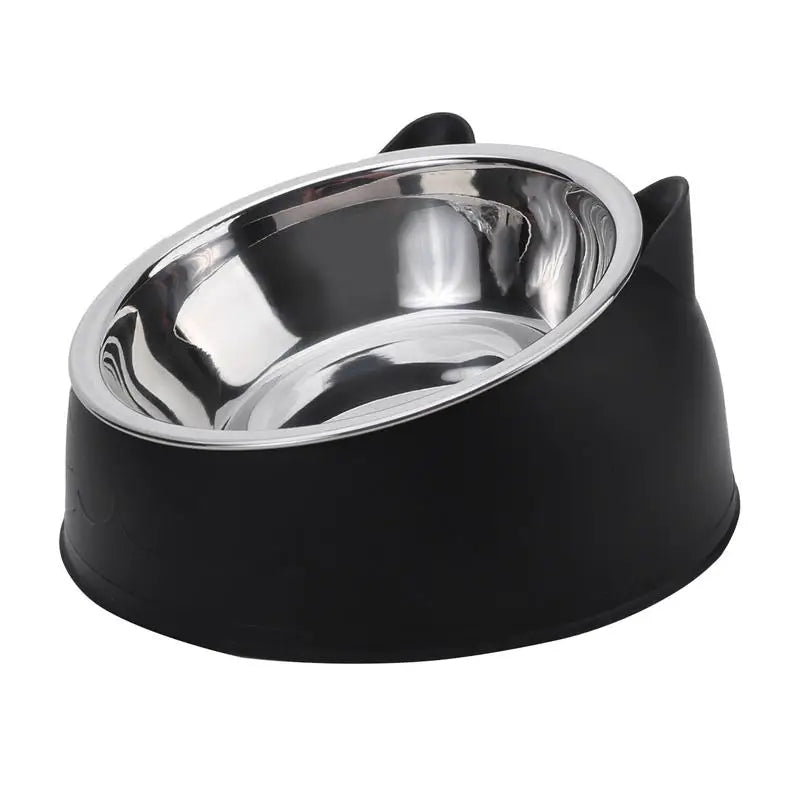 Gamelle pour chat inclinée 15° en acier inoxydable avec support ergonomique noir design oreilles de chat. Cette gamelle chat orthopédique bleue assure un confort digestif optimal et une hygiène parfaite grâce à son bol en inox amovible. La meilleure gamelle anti-vomi élégante pour le bien-être de votre animal.