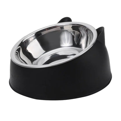 Gamelle pour chat inclinée 15° en acier inoxydable avec support ergonomique noir design oreilles de chat. Cette gamelle chat orthopédique bleue assure un confort digestif optimal et une hygiène parfaite grâce à son bol en inox amovible. La meilleure gamelle anti-vomi élégante pour le bien-être de votre animal.