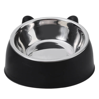 Gamelle pour chat inclinée 15° en acier inoxydable avec support ergonomique noir design oreilles de chat. Cette gamelle chat orthopédique blanche haut de gamme assure un confort digestif optimal et une hygiène parfaite grâce à son bol en inox amovible. La meilleure gamelle anti-vomi élégante pour le bien-être de votre animal.