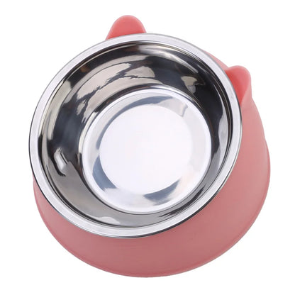 Gamelle pour chat inclinée 15° en acier inoxydable avec support ergonomique rose design oreilles de chat. Cette gamelle chat orthopédique haut de gamme assure un confort digestif optimal et une hygiène parfaite. La meilleure gamelle anti-vomi pour le bien-être de votre animal.