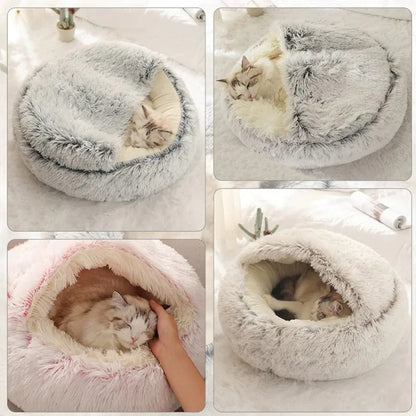 Montage photo de paniers grottes apaisants pour chats en peluche shaggy ultra-douce, disponibles en gris, beige, rose et blanc, montrant des chats endormis dans un refuge sécurisant et moelleux.