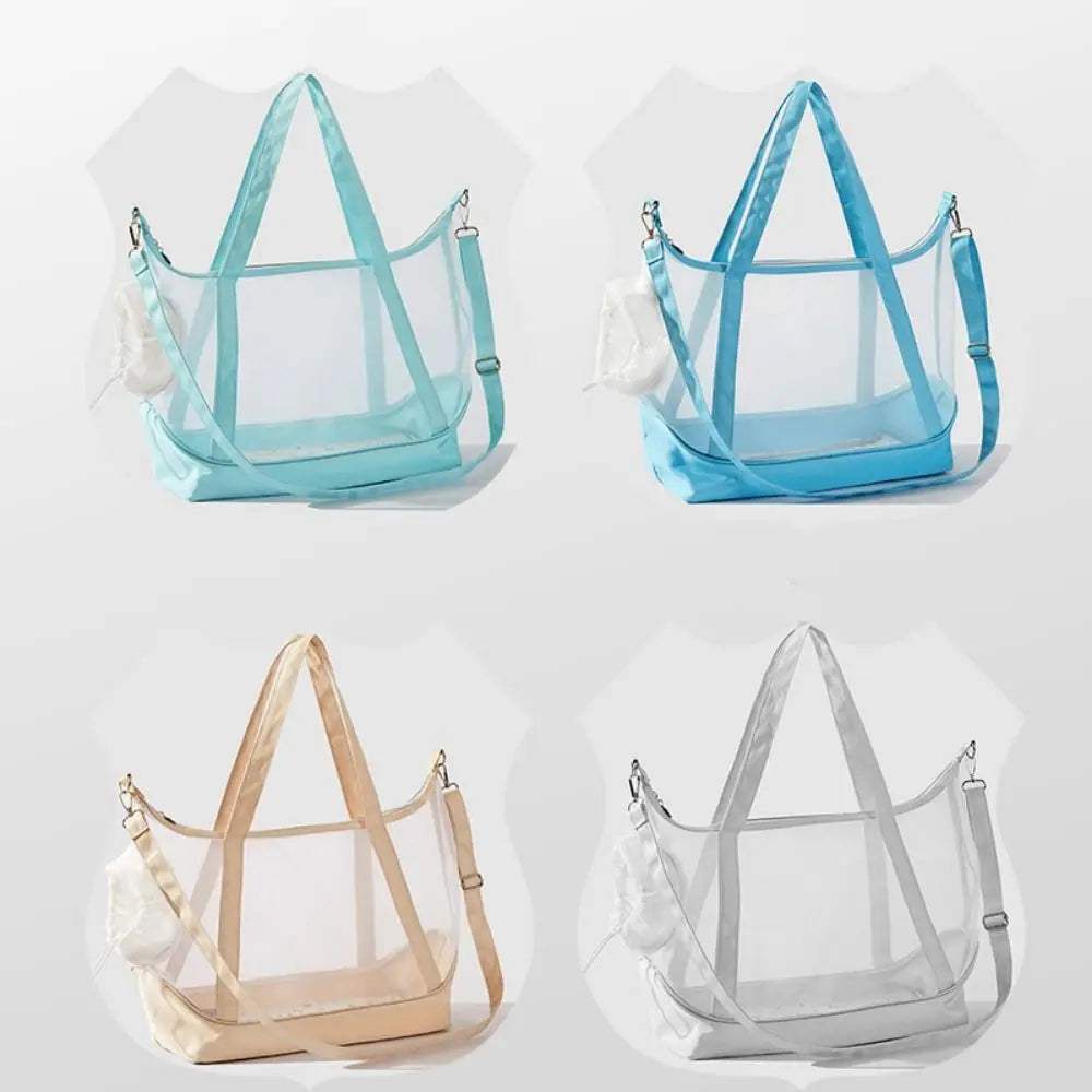 Comparatif de quatre sacs de transport transparents pour chat type tote bag avec vue panoramique, disponibles en bleu ciel, bleu turquoise, beige sable et blanc nacré, avec anses et bandoulières assorties.