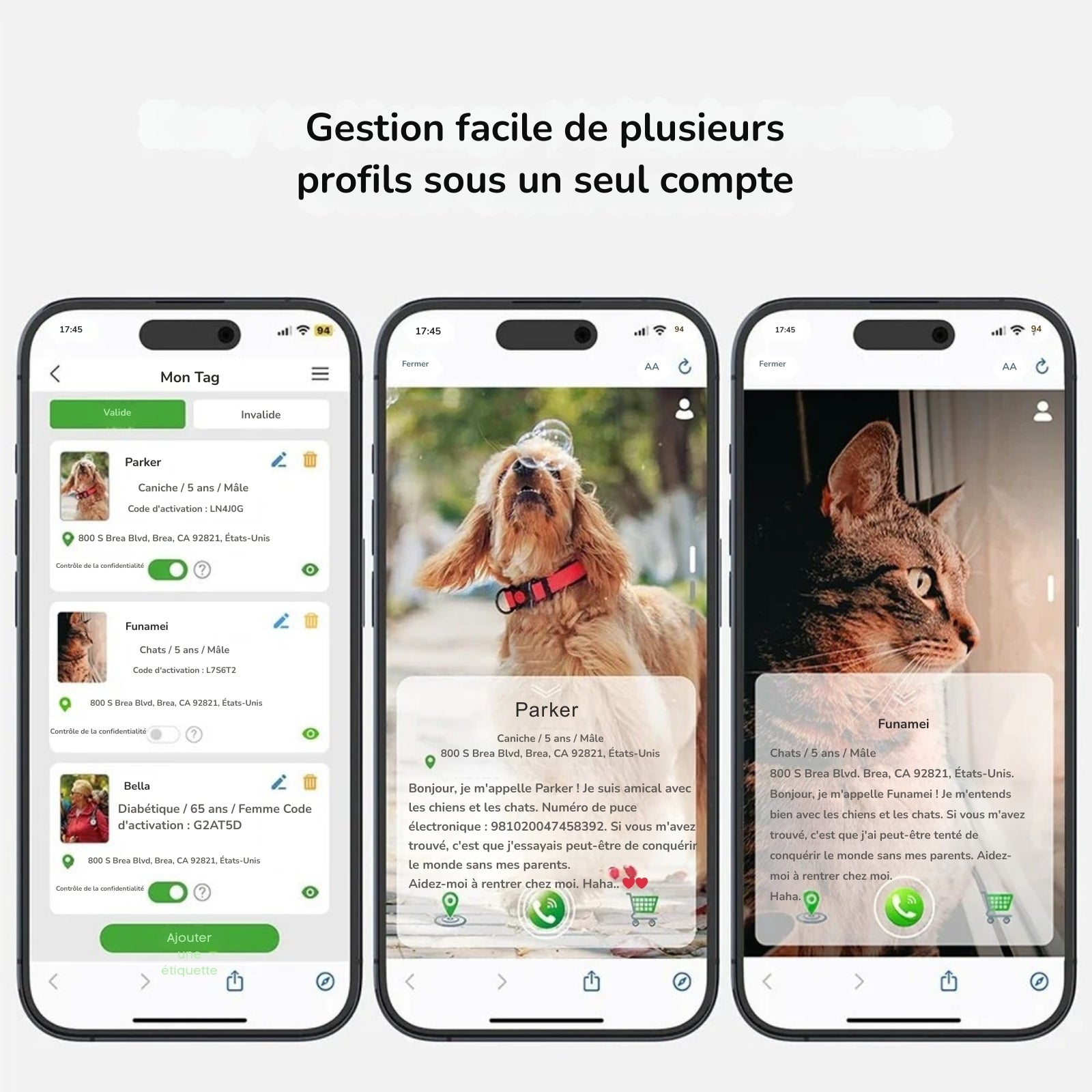 Interface mobile de gestion pour collier gps chat permettant de créer plusieurs profils d'animaux sous un seul compte. Le visuel montre les fiches personnalisées avec photos, noms (Parker, Funamei), adresses et codes d'activation. Une solution connectée idéale pour surveiller une famille d'animaux avec ce collier gps et sécuriser chaque nouveau collier gps pour chaton via une application intuitive.