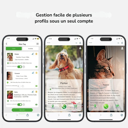 Interface mobile de gestion pour collier gps chat permettant de créer plusieurs profils d'animaux sous un seul compte. Le visuel montre les fiches personnalisées avec photos, noms (Parker, Funamei), adresses et codes d'activation. Une solution connectée idéale pour surveiller une famille d'animaux avec ce collier gps et sécuriser chaque nouveau collier gps pour chaton via une application intuitive.