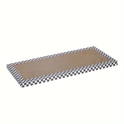 Planche à griffer rectangulaire pour chat en carton ondulé haute densité avec bordure à motif damier noir et blanc, idéale pour le soin des griffes et le repos.