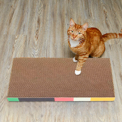 Chat roux debout sur une planche à griffer rectangulaire en carton ondulé haute densité avec bordure colorée, posée sur un parquet en bois clair.