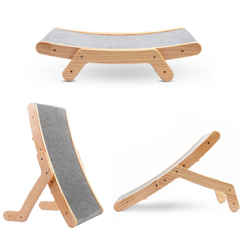 Griffoir pour chat modulable 3-en-1 en bois et sisal. Les trois positions du griffoir chat Les Trésors d'Owka : horizontal en lit, vertical en chevalet et incliné en rampe. Griffoir sisal chat transformable et robuste pour s'adapter aux préférences de chaque félin.