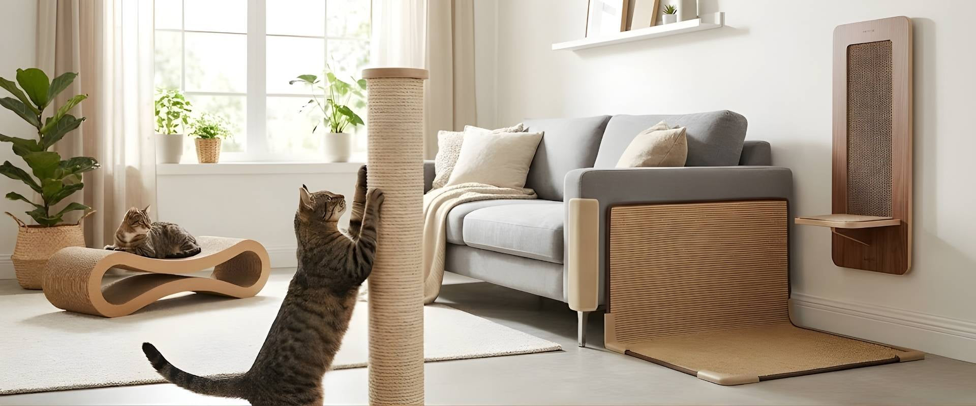 Deux chats dans un salon lumineux utilisant leur griffoir pour chat design : un chat tigré s'étire sur un grand poteau en sisal à côté d'une protection griffoir chat canapé, tandis qu'un autre se repose sur un griffoir chat carton ondulé, près d'un griffoir mural chat en bois.