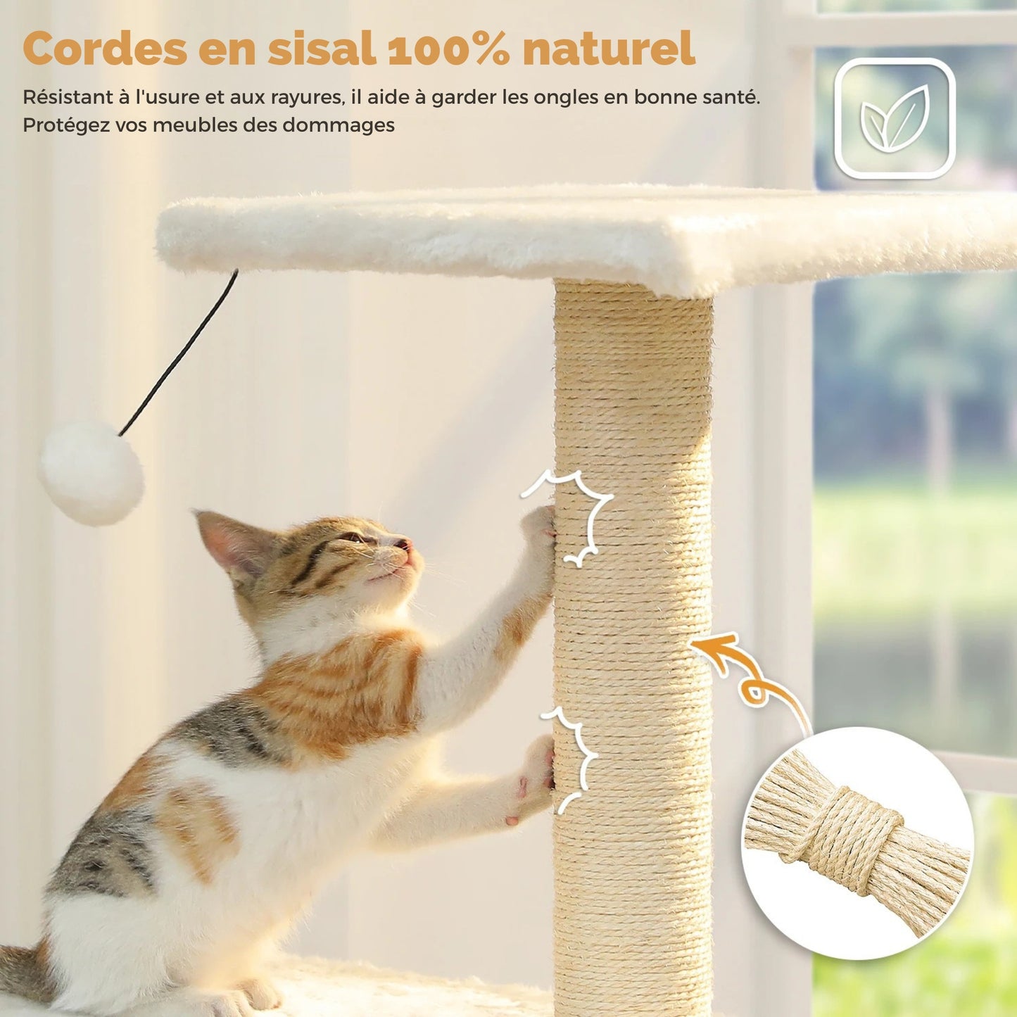Griffoir pour chat en corde de sisal 100% naturel résistant aux rayures sur un arbre à chat blanc moderne.