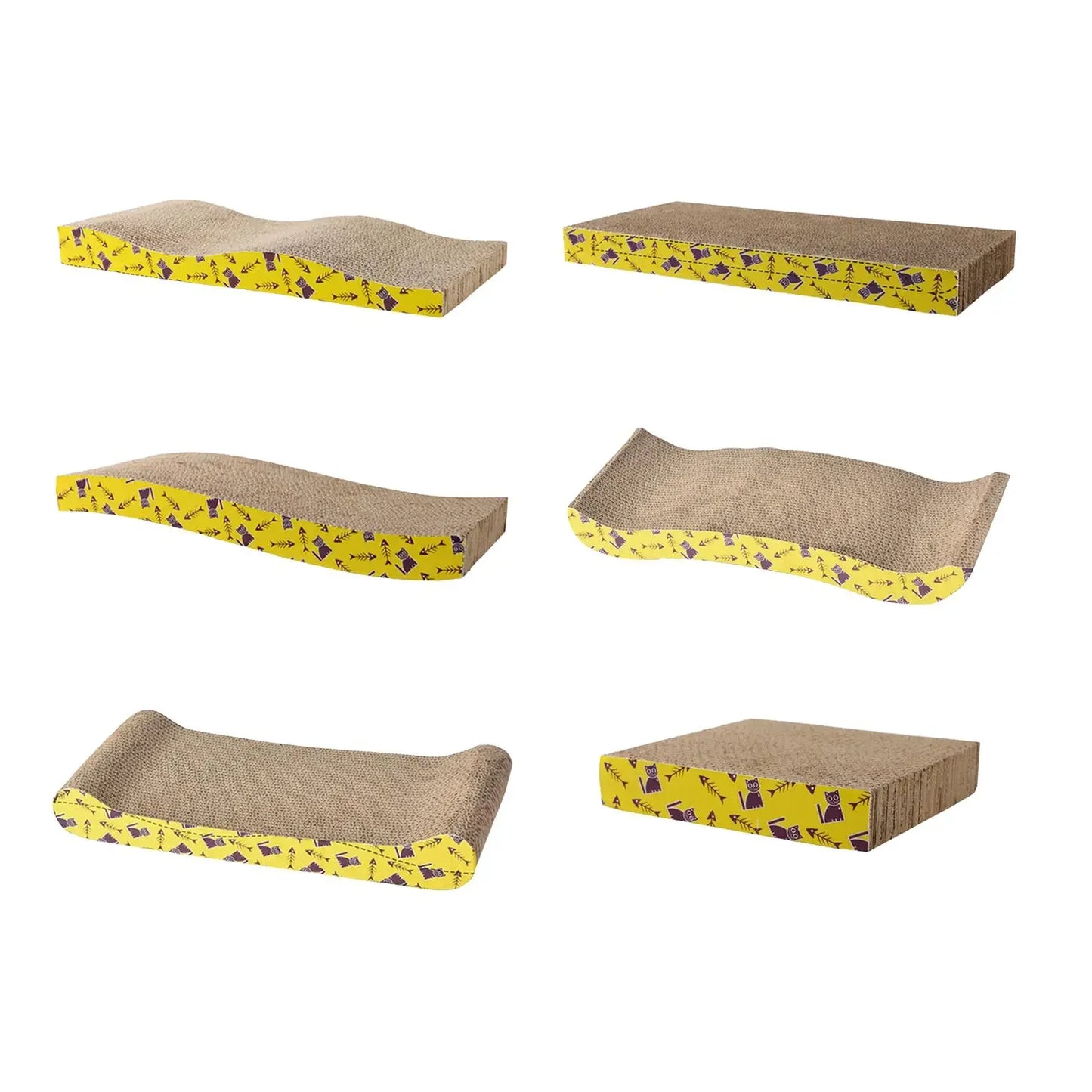 Collection de griffoirs pour chat en carton ondulé haute densité aux formes variées : vague, incurvée, rectangulaire et carrée, avec bordures décoratives jaunes à motifs chats violets.