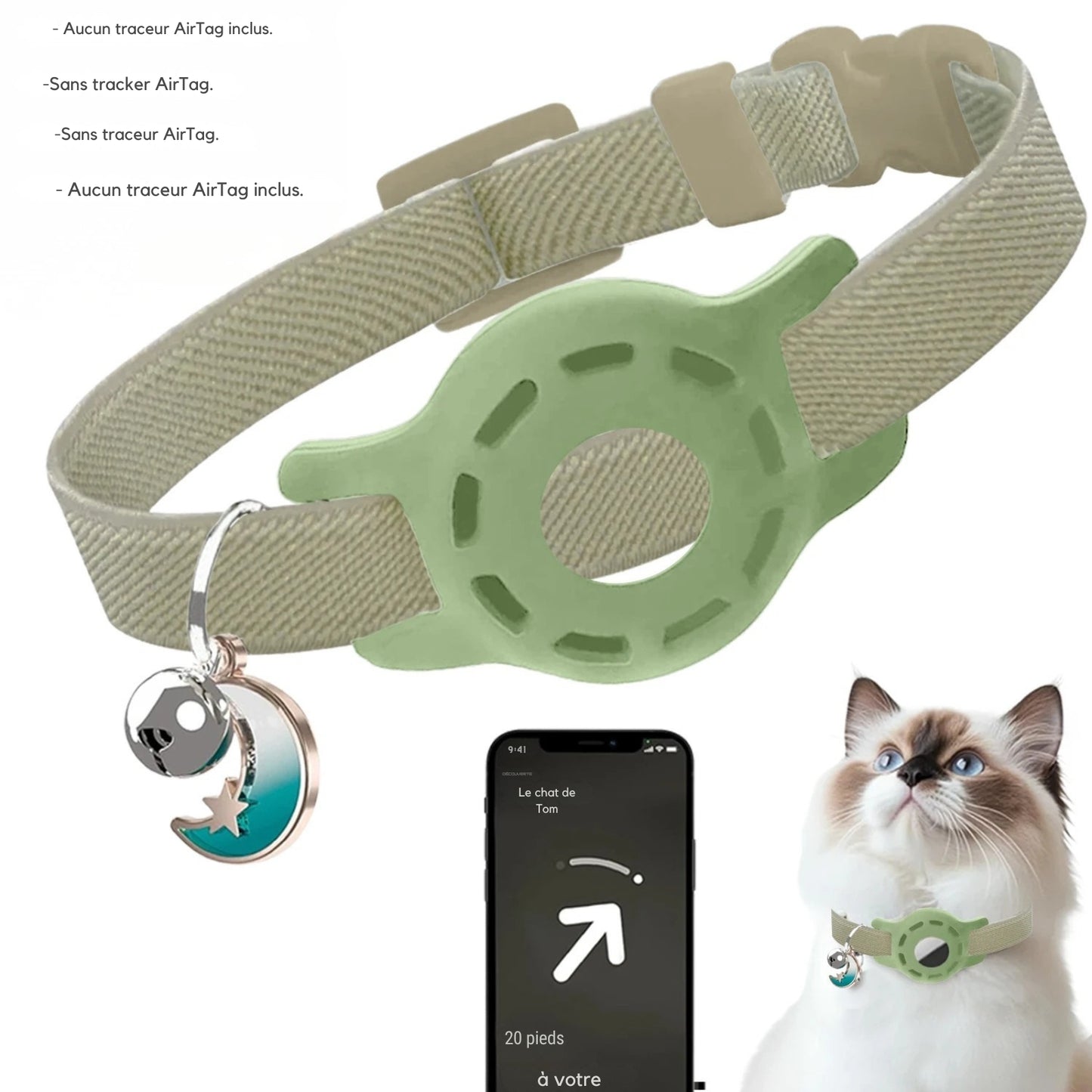Collier gps chat beige ajustable avec support de traçage intégré et pendentif lune élégant. L'image présente l'interface d'application smartphone avec guidage directionnel précis ("20 pieds à votre droite"). Ce dispositif sécurisant est idéal comme premier collier gps pour chaton, offrant un suivi fiable via ce collier gps (traceur non inclus).