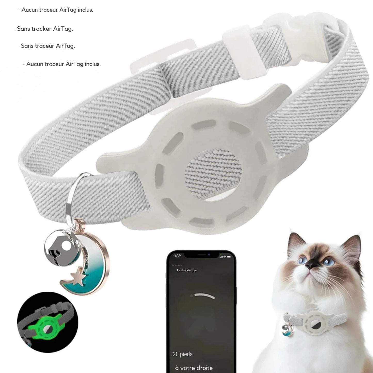 Collier gps chat gris clair ajustable avec support de traçage et pendentif lune. L'image présente l'interface d'application smartphone avec guidage directionnel ("20 pieds à votre droite") et un médaillon montrant l'effet phosphorescent la nuit. Ce dispositif sécurisant est idéal comme premier collier gps pour chaton, offrant un suivi fiable via ce collier gps (traceur non inclus).