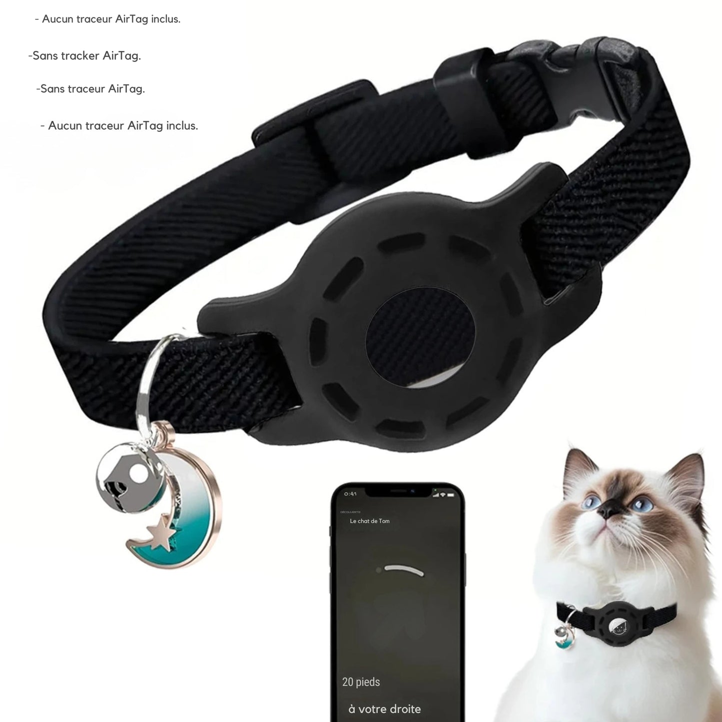 Collier gps chat noir ajustable avec support de traçage intégré et pendentif lune élégant. L'image présente l'interface d'application smartphone avec guidage directionnel précis ("20 pieds à votre droite"). Ce dispositif sécurisant est idéal comme premier collier gps pour chaton, offrant un suivi fiable via ce collier gps (traceur non inclus).