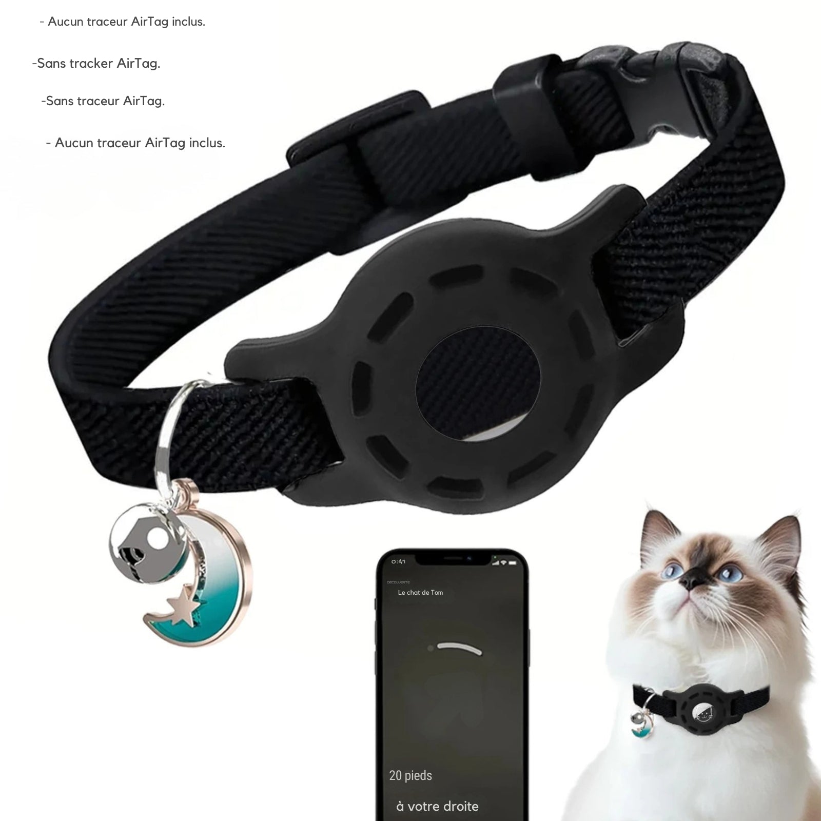 Collier gps chat noir ajustable avec support de traçage intégré et pendentif lune élégant. L'image présente l'interface d'application smartphone avec guidage directionnel précis ("20 pieds à votre droite"). Ce dispositif sécurisant est idéal comme premier collier gps pour chaton, offrant un suivi fiable via ce collier gps (traceur non inclus).