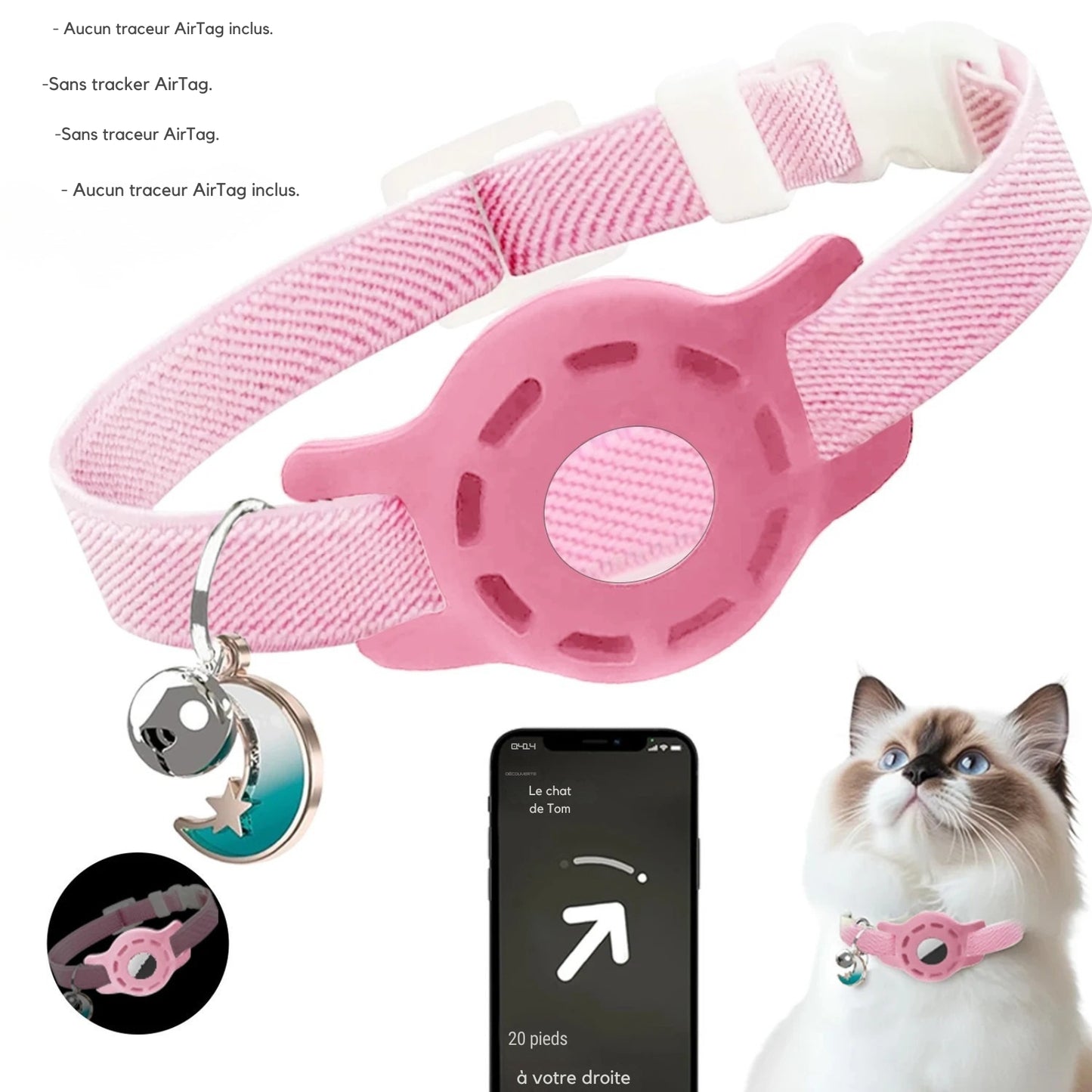 Collier gps chat rose pastel ajustable avec support de traçage et pendentif lune. L'image présente l'interface d'application smartphone avec guidage directionnel ("20 pieds à votre droite") et un médaillon montrant l'effet phosphorescent la nuit. Ce dispositif sécurisant est idéal comme premier collier gps pour chaton, offrant un suivi fiable via ce collier gps (traceur non inclus).