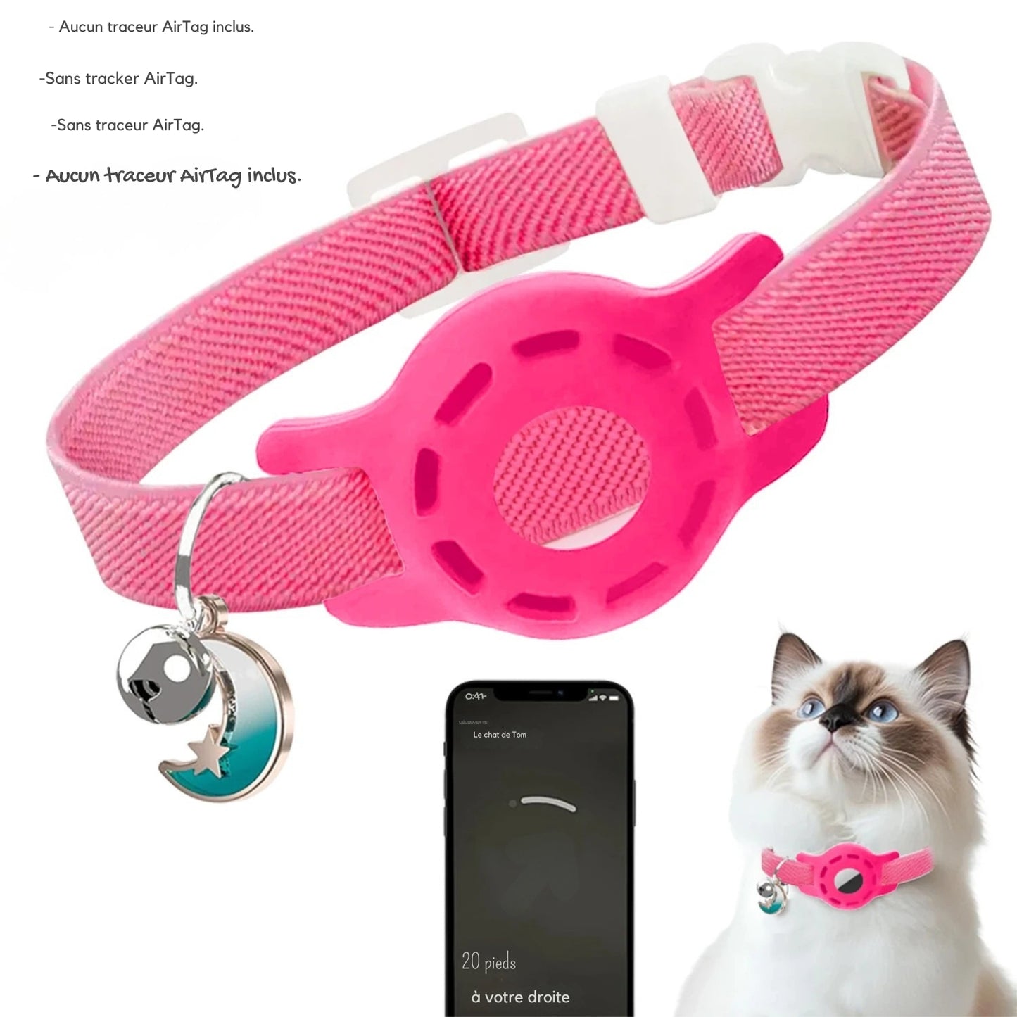 Collier gps chat rose ajustable avec support de traçage intégré et pendentif lune décoratif. L'image montre l'interface d'application smartphone avec guidage de précision ("20 pieds à votre droite"). Ce dispositif sécurisant est idéal comme premier collier gps pour chaton, offrant un suivi fiable via ce collier gps (traceur non inclus).