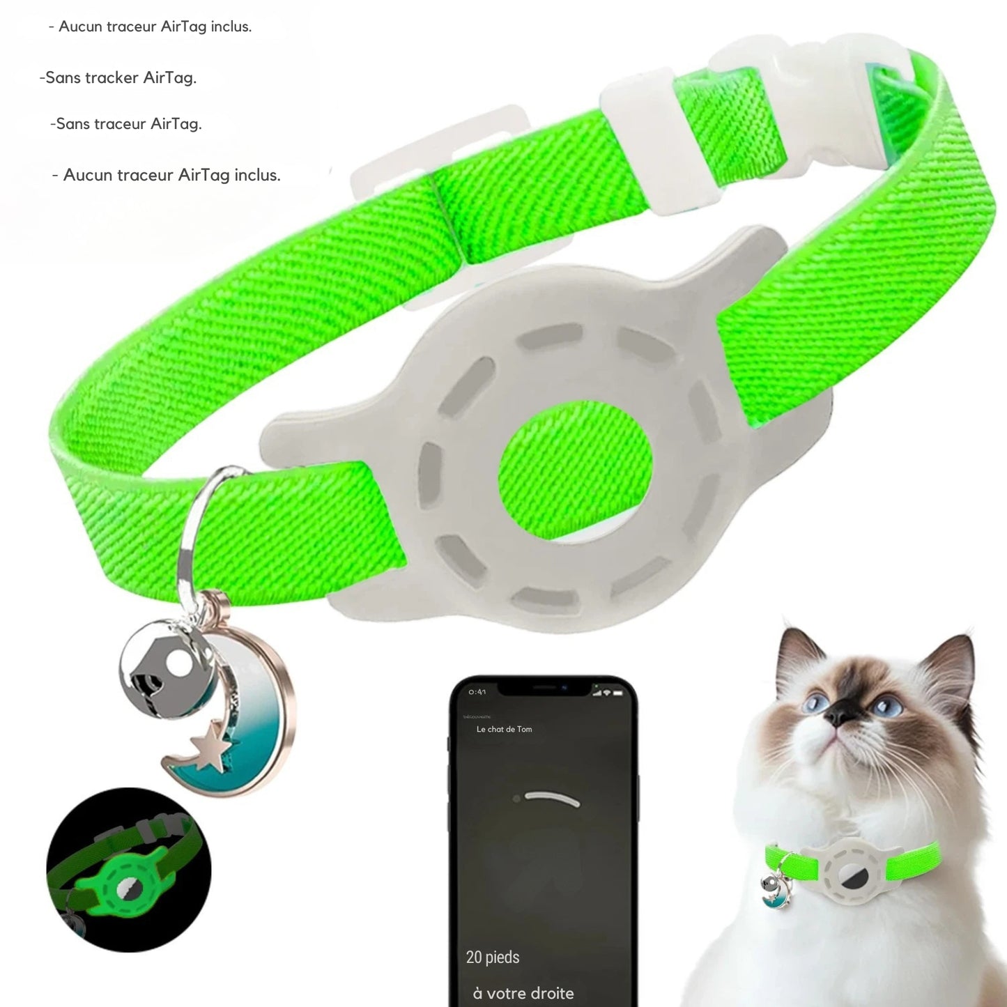 Collier gps chat vert fluo ajustable avec support de traçage et pendentif lune. L'image présente l'interface d'application smartphone avec guidage directionnel ("20 pieds à votre droite") et un médaillon montrant l'effet phosphorescent la nuit. Ce dispositif sécurisant est idéal comme premier collier gps pour chaton, offrant un suivi fiable via ce collier gps (traceur non inclus).