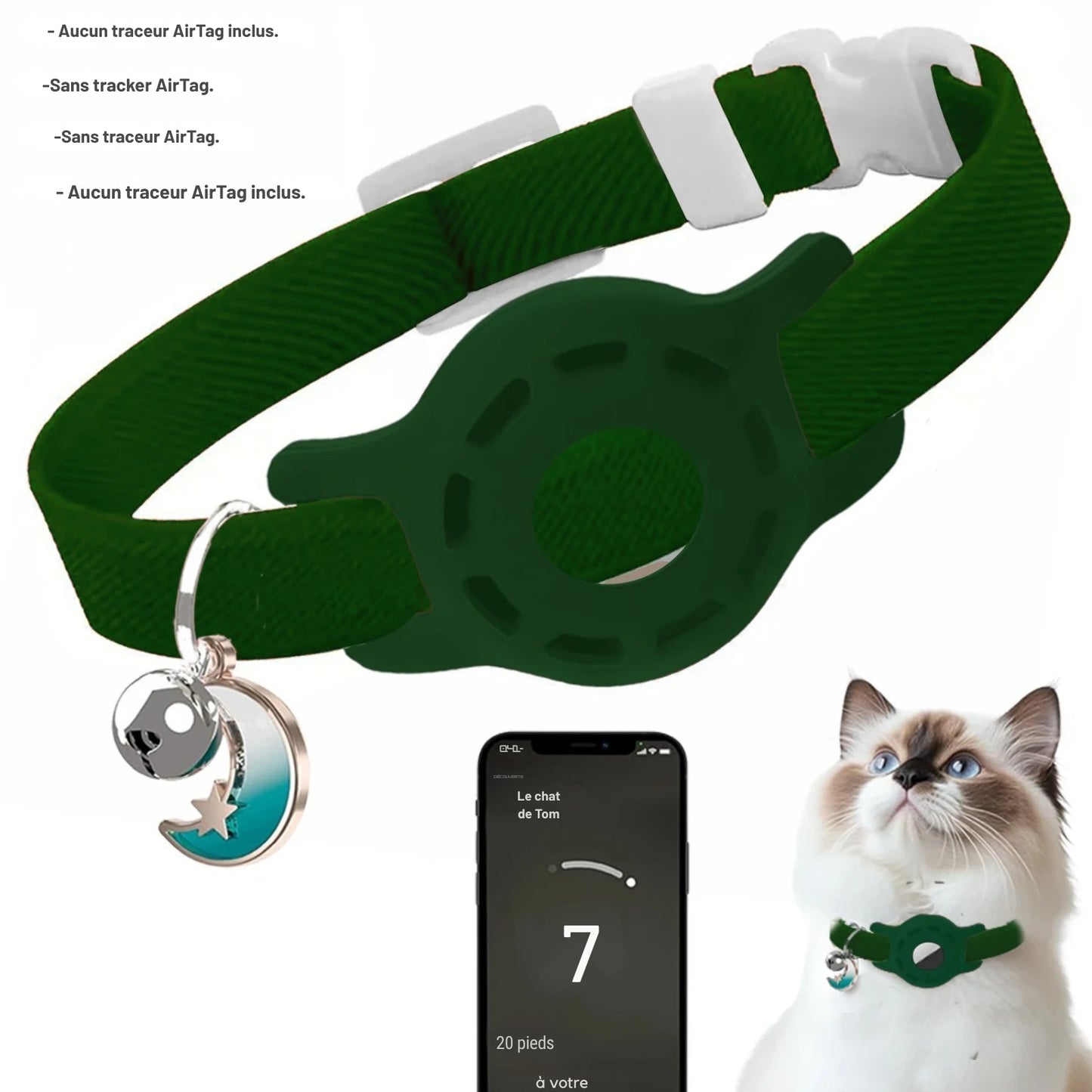 Collier gps chat vert foncé ajustable avec support de traçage intégré et pendentif lune élégant. L'image présente l'interface d'application smartphone avec guidage de précision affichant le chiffre "7" et la distance "20 pieds". Ce dispositif sécurisant est idéal comme premier collier gps pour chaton, offrant un suivi fiable via ce collier gps (traceur non inclus).