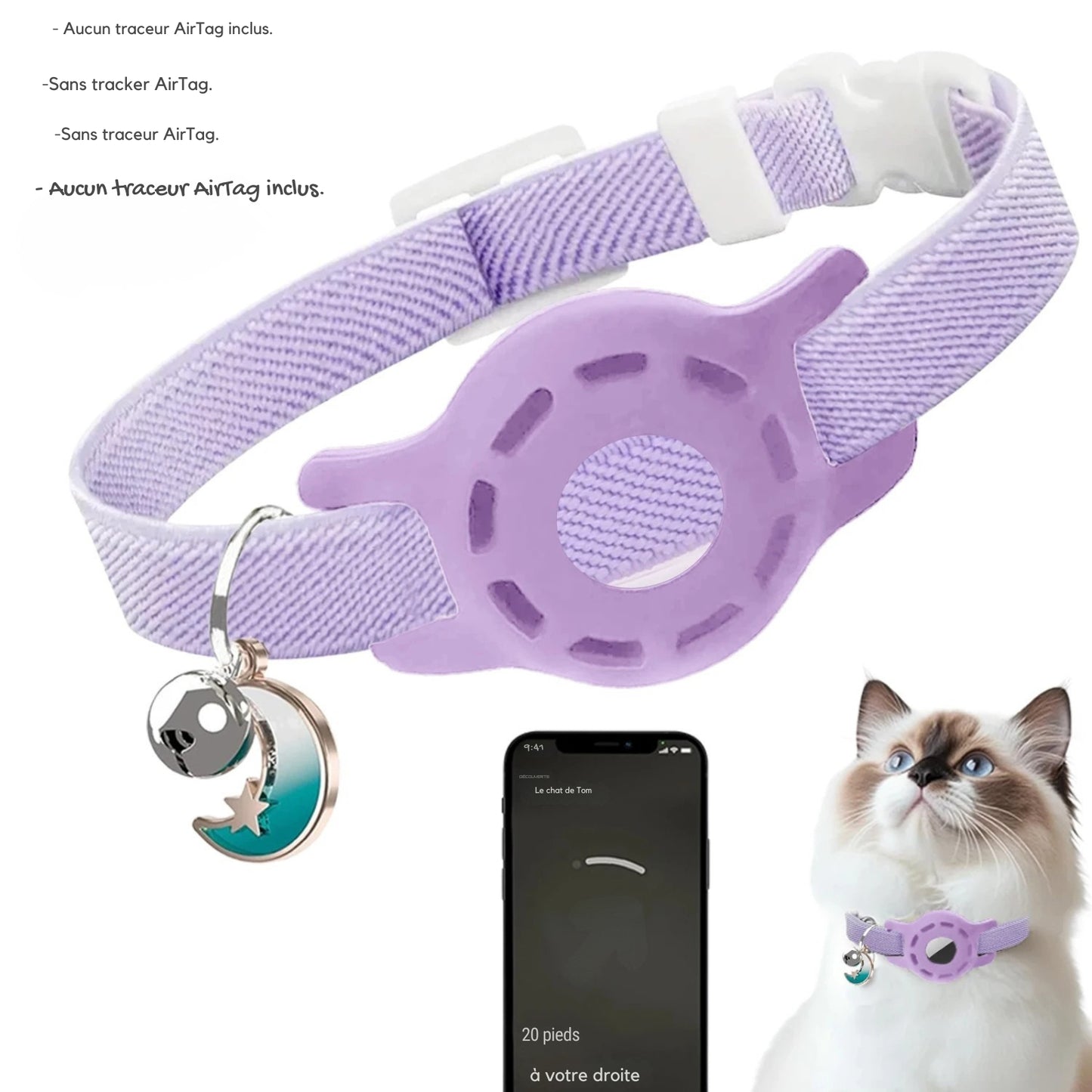 Collier gps chat violet ajustable avec support de traçage intégré et pendentif lune élégant. L'image présente l'interface d'application smartphone avec guidage directionnel précis ("20 pieds à votre droite"). Ce dispositif sécurisant est idéal comme premier collier gps pour chaton, offrant un suivi fiable via ce collier gps (traceur non inclus).