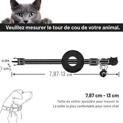 Schéma technique d'un collier gps chat noir ajustable avec une plage de réglage allant de 7,87 cm à 13 cm et une largeur de 1 cm. Le visuel montre le support de traceur intégré et souligne le confort pour l'animal. Ce modèle ultra-ajustable est le parfait collier gps pour chaton pour garantir une sécurité optimale grâce à ce collier gps sur mesure.